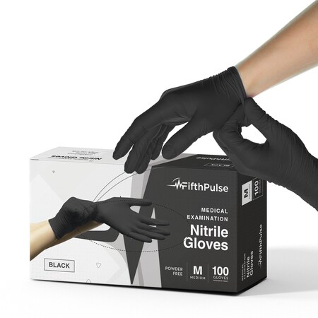 Fifthpulse FMN100, Disposable Gloves, 3 mil Palm, Nitrile, Powder-Free, M, 100 PK, Black FP-N-100-M-BLK